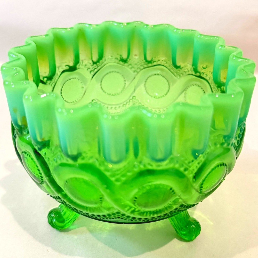 Northwood Beaded Cable Green Opalescent Footed Rose Bowl EAPG Antique c.1904